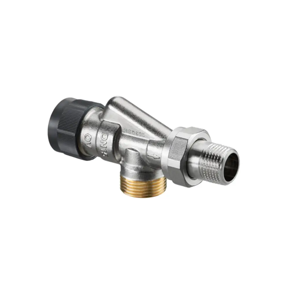 Thermostatventil von Oventrop mit metallischer Oberfläche, zwei Anschlussmöglichkeiten: einseitig gewunden mit einem Gewinde sowie einem sich verjüngenden Ende.